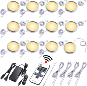 Dimmable Under Cabinet Lighting Kitchen LED Puck Lights Kit, Hardwired Power Adapter, RF Wireless Remote Control Dimmer, 12 Lights