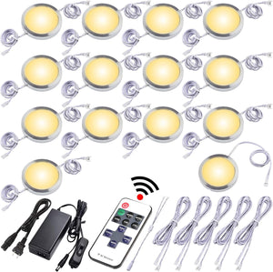 Dimmable Under Cabinet Lighting Kitchen LED Puck Lights Kit, Hardwired Power Adapter, RF Wireless Remote Control Dimmer, 14 Lights