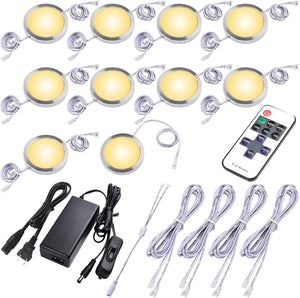 Dimmable Under Cabinet Lighting Kitchen LED Puck Lights Kit, Hardwired Power Adapter, RF Wireless Remote Control Dimmer, 10 Lights