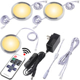 Dimmable Under Cabinet Lighting Kitchen LED Puck Lights Kit, Wall Plug Power Adapter, RF Wireless Remote Control Dimmer, 3 Lights