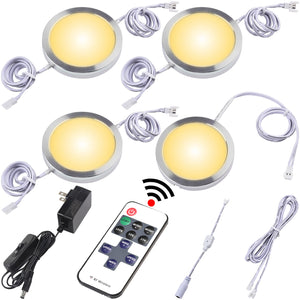 Dimmable Under Cabinet Lighting Kitchen LED Puck Lights Kit, Wall Plug Power Adapter, RF Wireless Remote Control Dimmer, 4 Lights