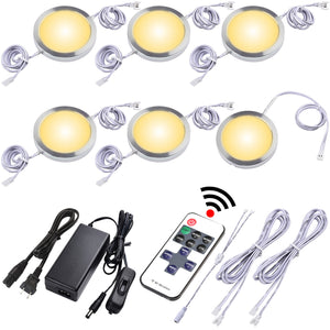 Dimmable Under Cabinet Lighting Kitchen LED Puck Lights Kit, Hardwired Power Adapter, RF Wireless Remote Control Dimmer, 6 Lights