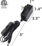 UL Power Adapter US Wall Plug for LED Lights, 120V ac to 12V dc 1A, 12 Watts, 5521 (5.5-2.1 mm) Cable with On/Off Switch, 5ft