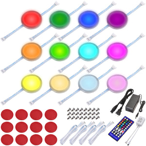 RGBW RGBWW Under Cabinet LED Lighting Kit, Linkable Puck Light, Wireless Remote Control Dimmer, 120V to 12V Hardwired Wall Plug, 12 Lights