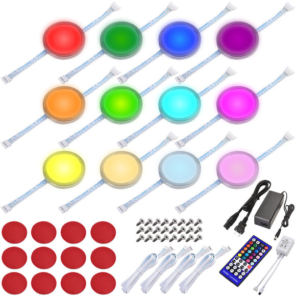 RGBW RGBWW Under Cabinet LED Lighting Kit, Linkable Puck Light, Wireless Remote Control Dimmer, 120V to 12V Hardwired Wall Plug, 12 Lights