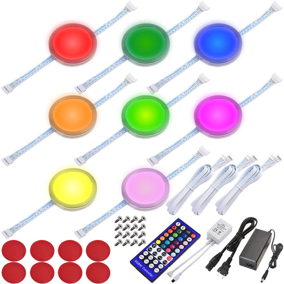 RGBW RGBWW Under Cabinet LED Lighting Kit, Linkable Puck Light, Wireless Remote Control Dimmer, 120V to 12V Hardwired Wall Plug, 8 Lights