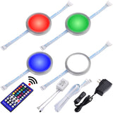 RGBW RGBWW Under Cabinet LED Lighting Kit, Linkable Puck Light, RGB & Warm White, Wireless Remote Control Dimmer, 120V to 12V Wall Plug, 4 Lights